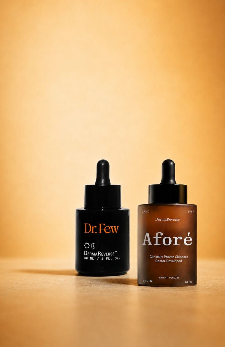 Two DermaReverse dropper bottles, one from Dr Few Skincare and one from Aforé Beauty 